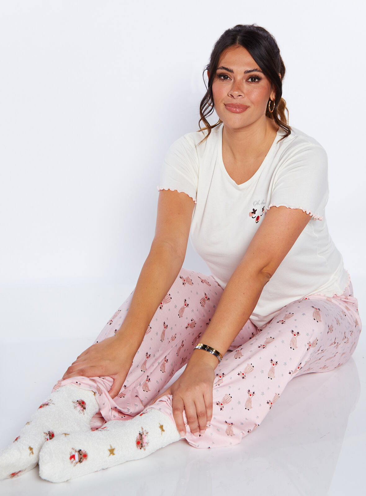 Reindeer t shirt and pyjama bottoms set Pink Mix Boux Avenue UK